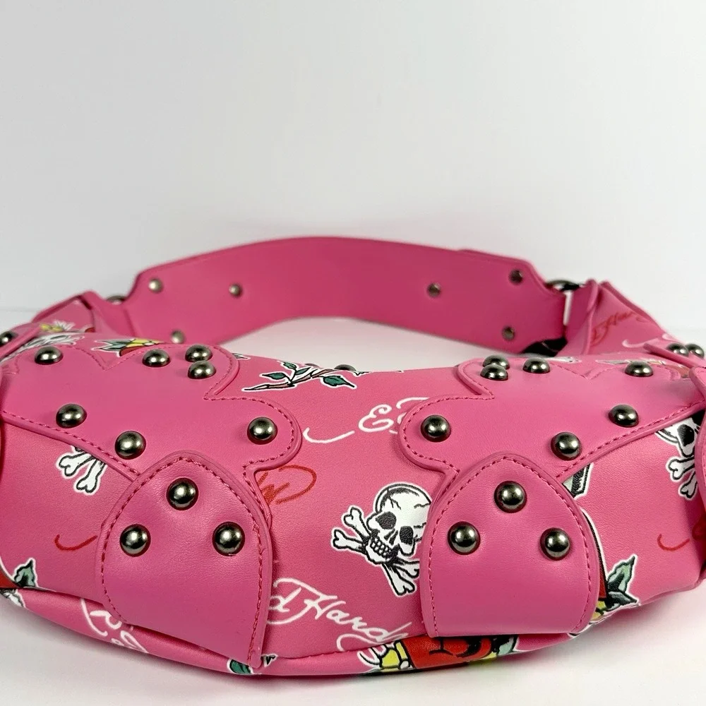 Ed Hardy Pink Tattoo Print Studded Hobo Shoulder Bag Skull Y2K Punk